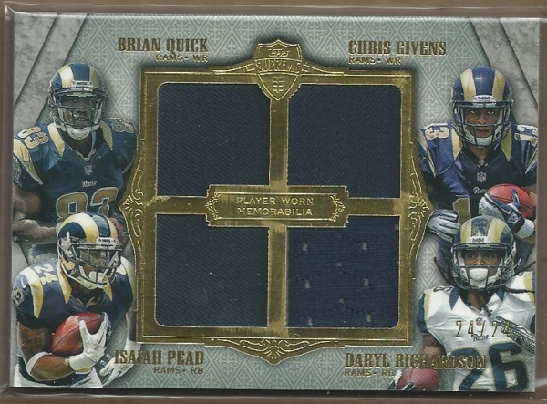 2012 Topps Supreme Rookie Relic Quad Combos #QGPR Brian Quick/Isaiah Pead/Chris Givens/Daryl Richardson