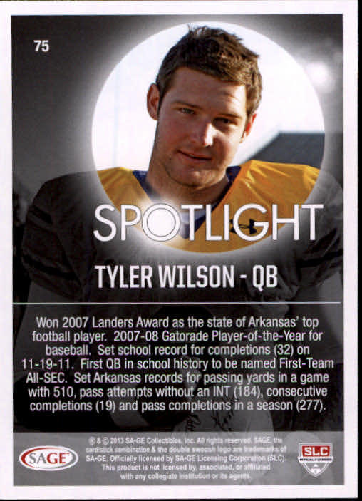 2013 SAGE HIT #75 Tyler Wilson SL back image