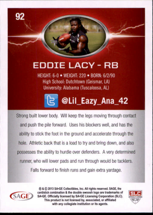 2013 SAGE HIT #92 Eddie Lacy NL back image