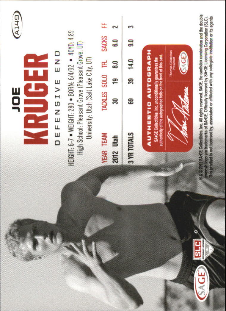 2013 SAGE HIT Autographs Gold #A149 Joe Kruger back image