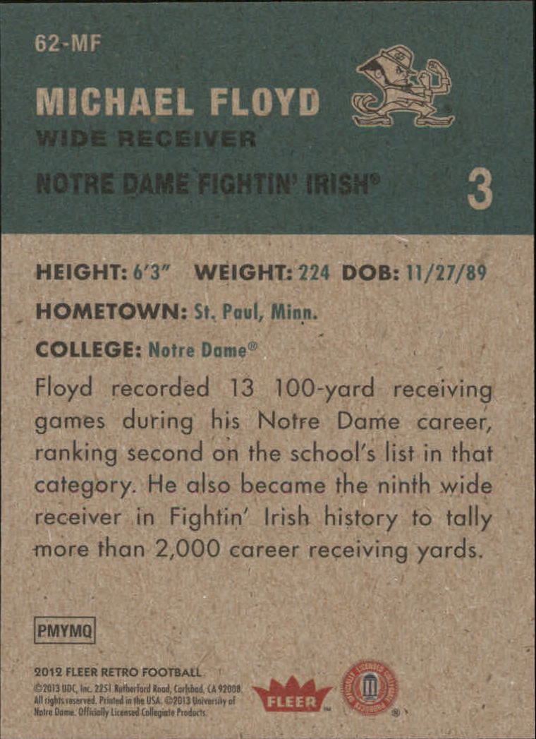 2012 Fleer Retro 1962 Fleer #62MF Michael Floyd back image