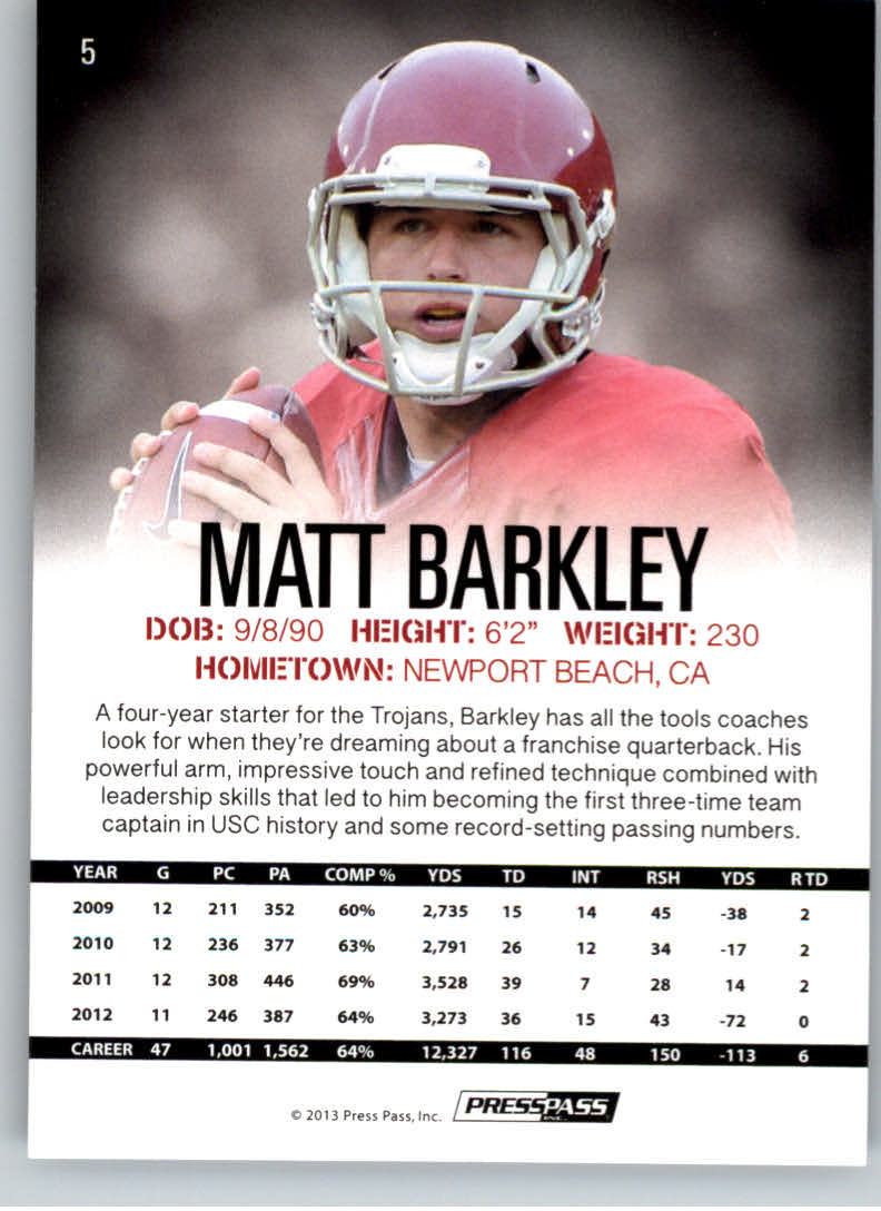 2013 Press Pass #5 Matt Barkley back image