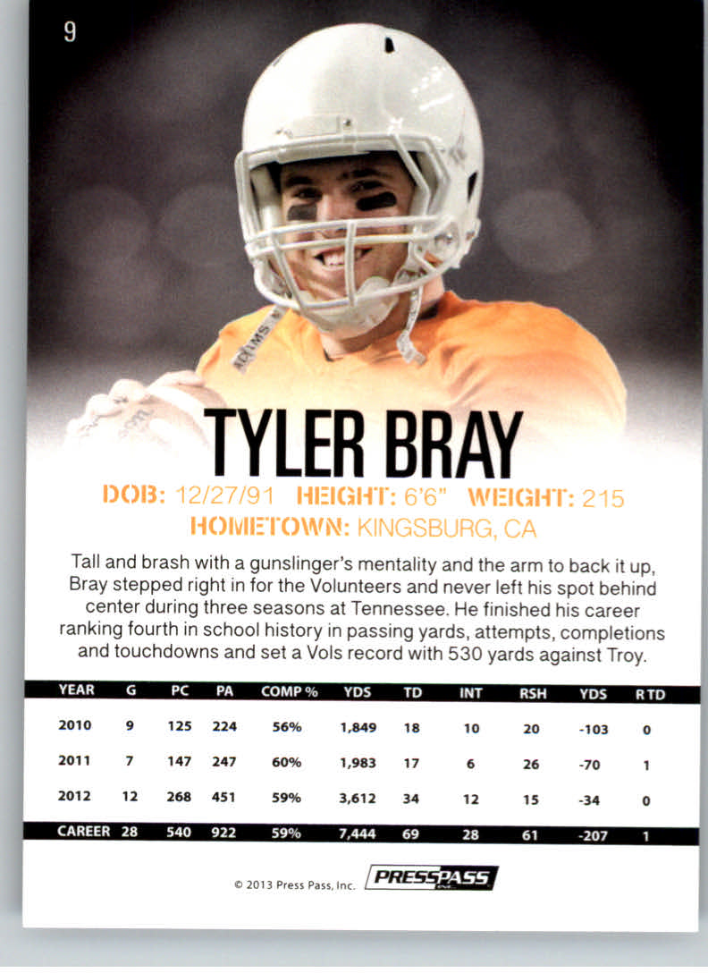 2013 Press Pass #9 Tyler Bray back image
