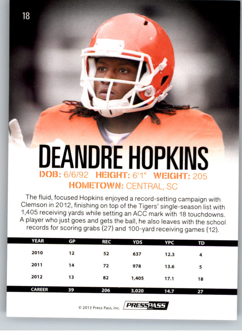 2013 Press Pass #18 DeAndre Hopkins back image