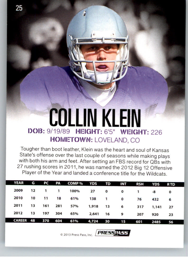 2013 Press Pass #25 Collin Klein back image