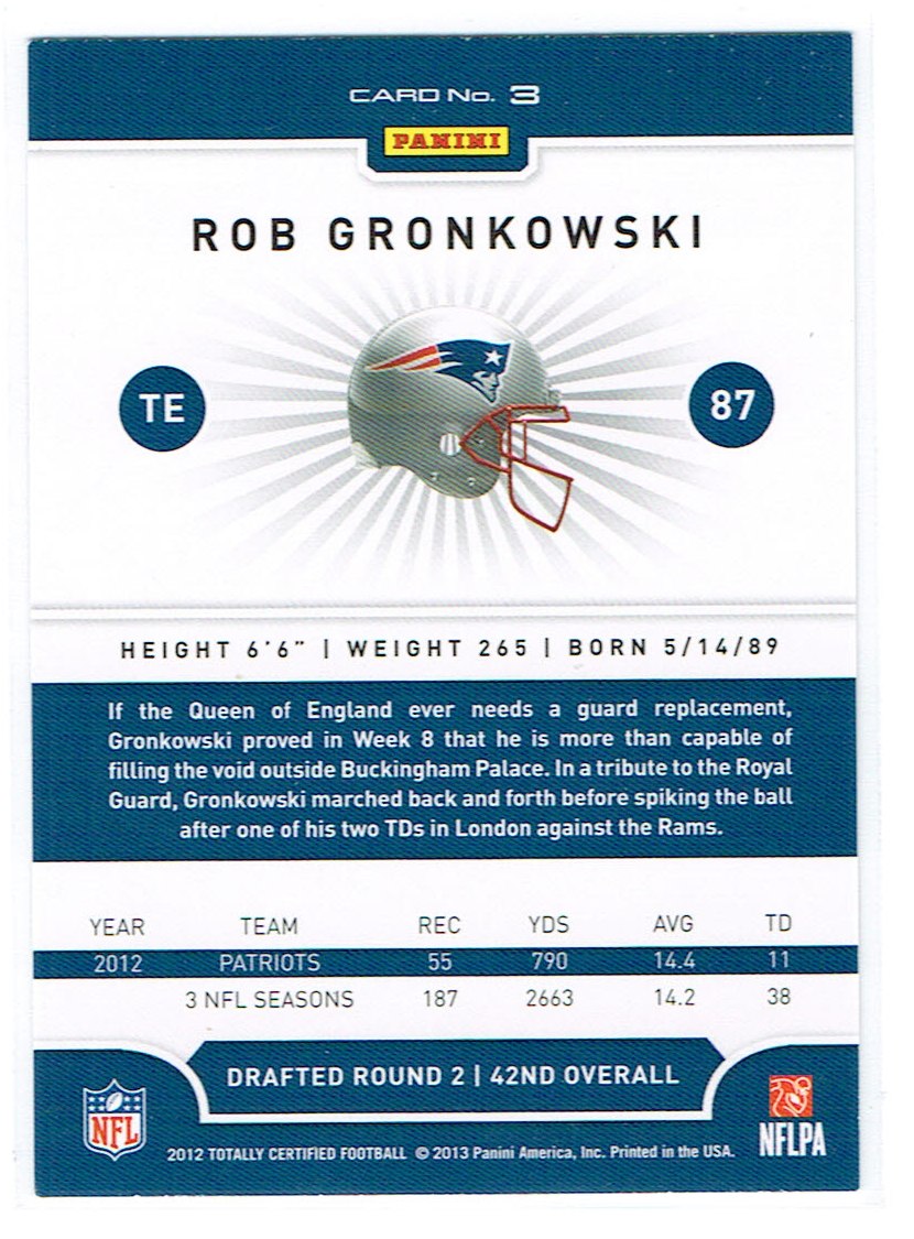 2012 Totally Certified #3 Rob Gronkowski back image