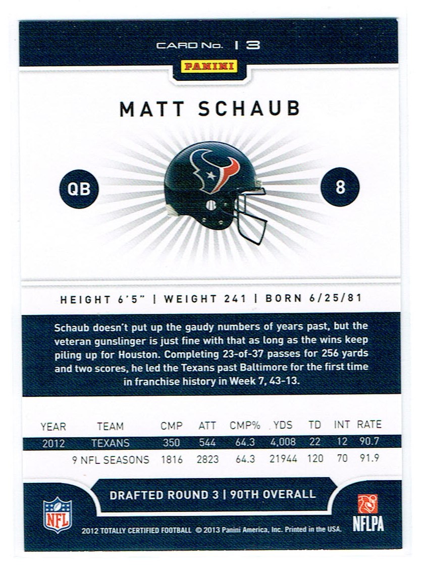 2012 Totally Certified #13 Matt Schaub back image
