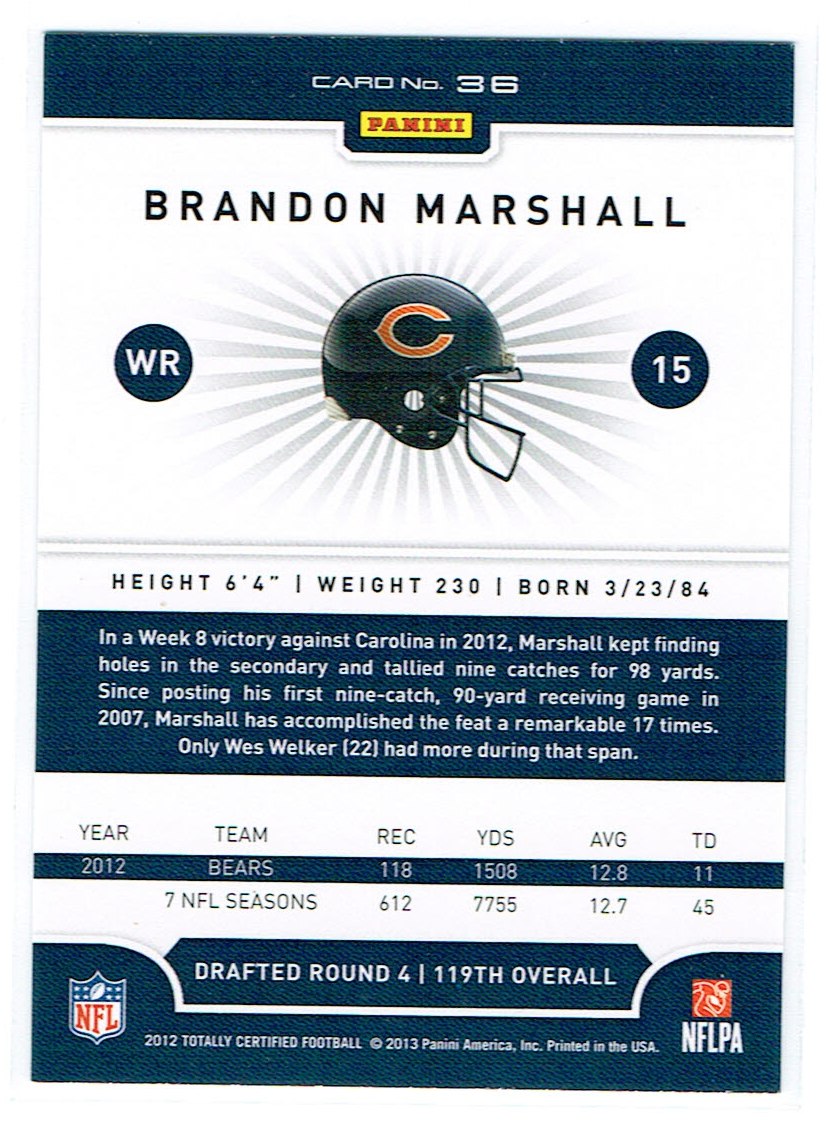 2012 Totally Certified #36 Brandon Marshall back image