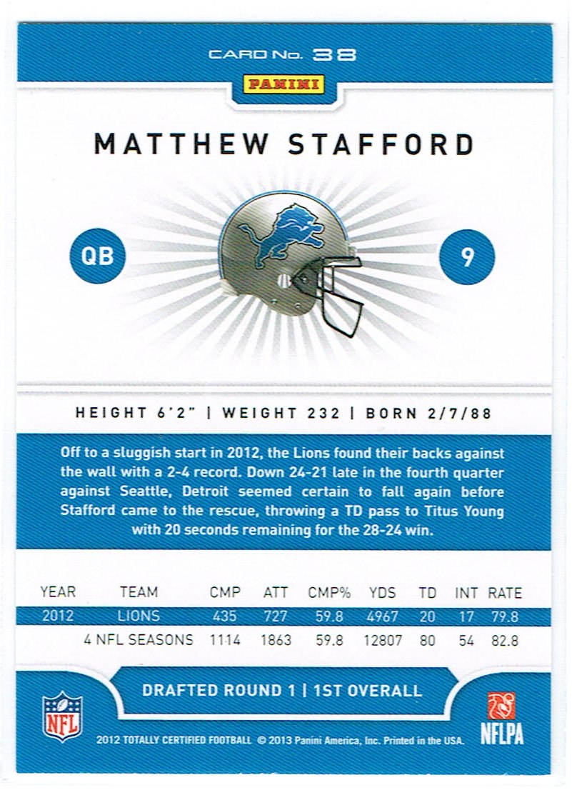2012 Totally Certified #38 Matthew Stafford back image