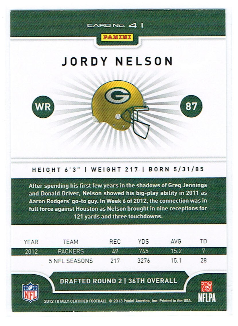 2012 Totally Certified #41 Jordy Nelson back image