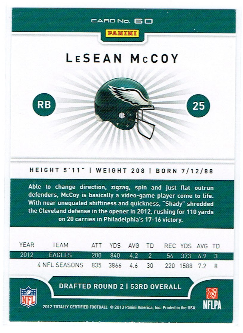 2012 Totally Certified #60 LeSean McCoy back image