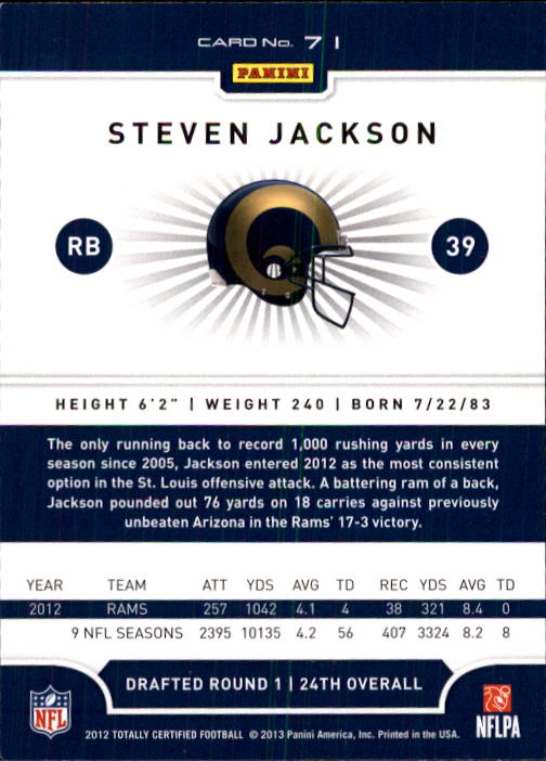 2012 Totally Certified #71 Steven Jackson back image