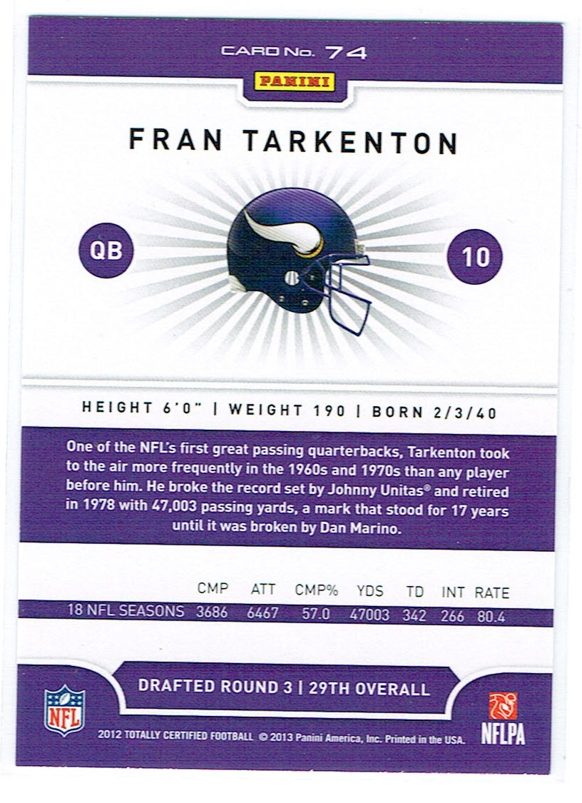 2012 Totally Certified #74 Fran Tarkenton back image