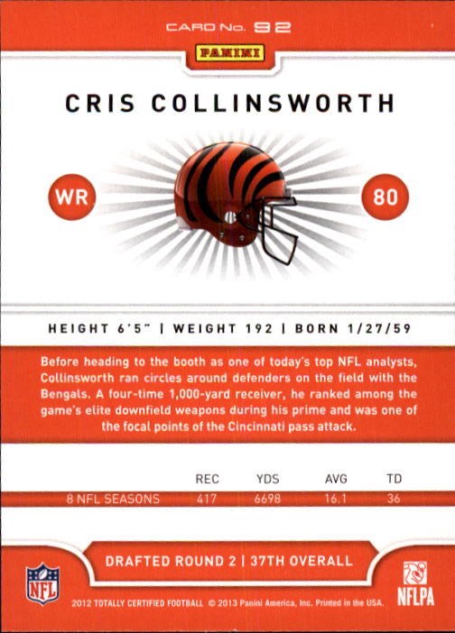 2012 Totally Certified #92 Cris Collinsworth back image