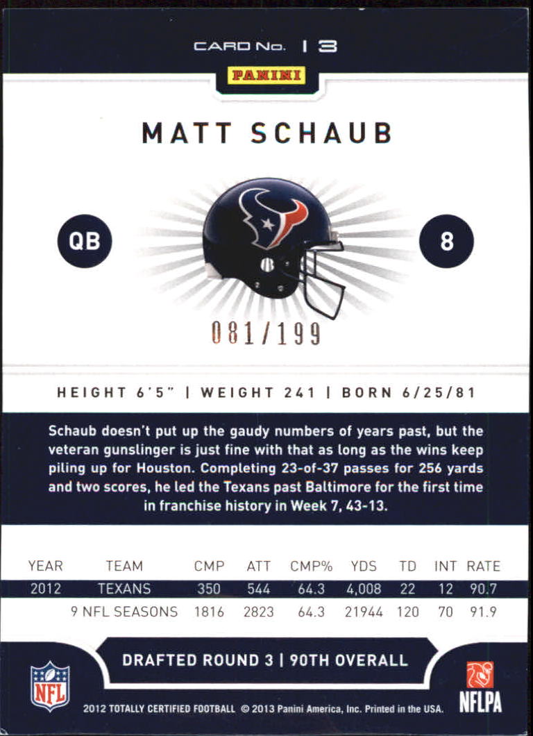 2012 Totally Certified Blue #13 Matt Schaub back image