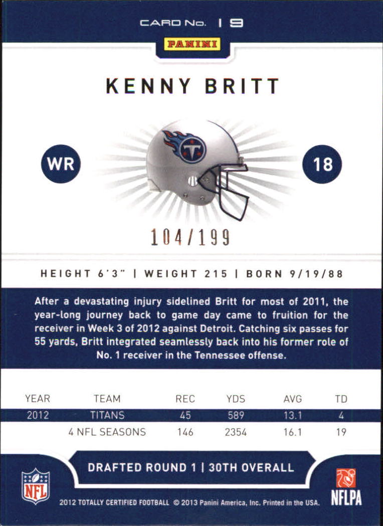 2012 Totally Certified Blue #19 Kenny Britt back image