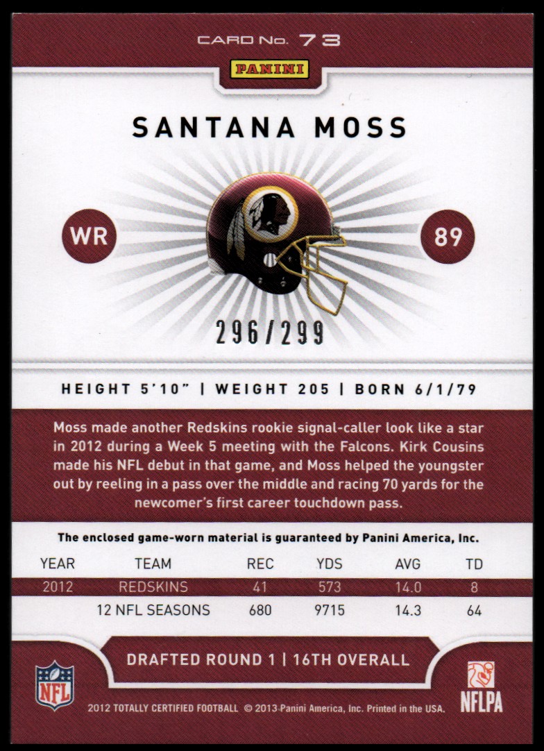 2012 Totally Certified Red Materials #73 Santana Moss/299 back image
