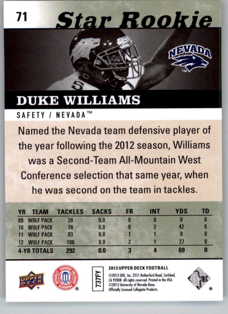 2013 Upper Deck #71 Duke Williams back image