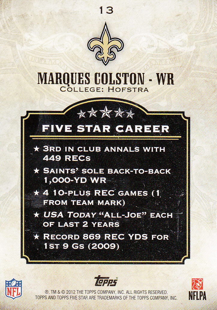 2012 Topps Five Star #13 Marques Colston back image