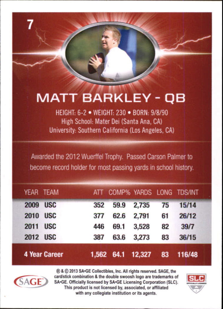 2013 SAGE HIT Red #7 Matt Barkley back image