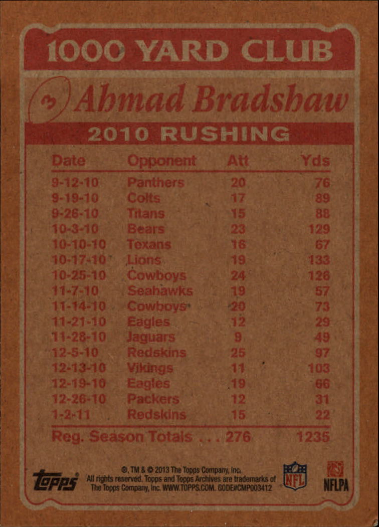 2013 Topps Archives 1000 Yard Club #3 Ahmad Bradshaw back image