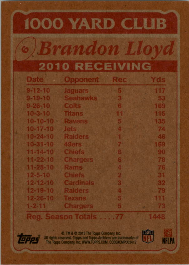 2013 Topps Archives 1000 Yard Club #6 Brandon Lloyd back image