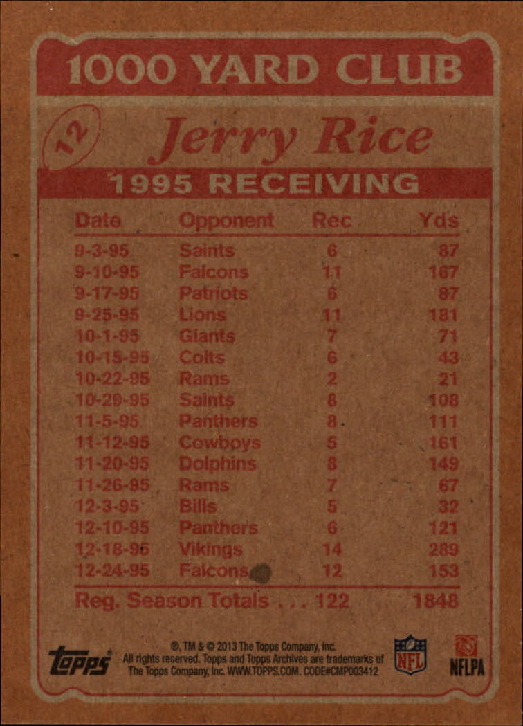 2013 Topps Archives 1000 Yard Club #12 Jerry Rice back image