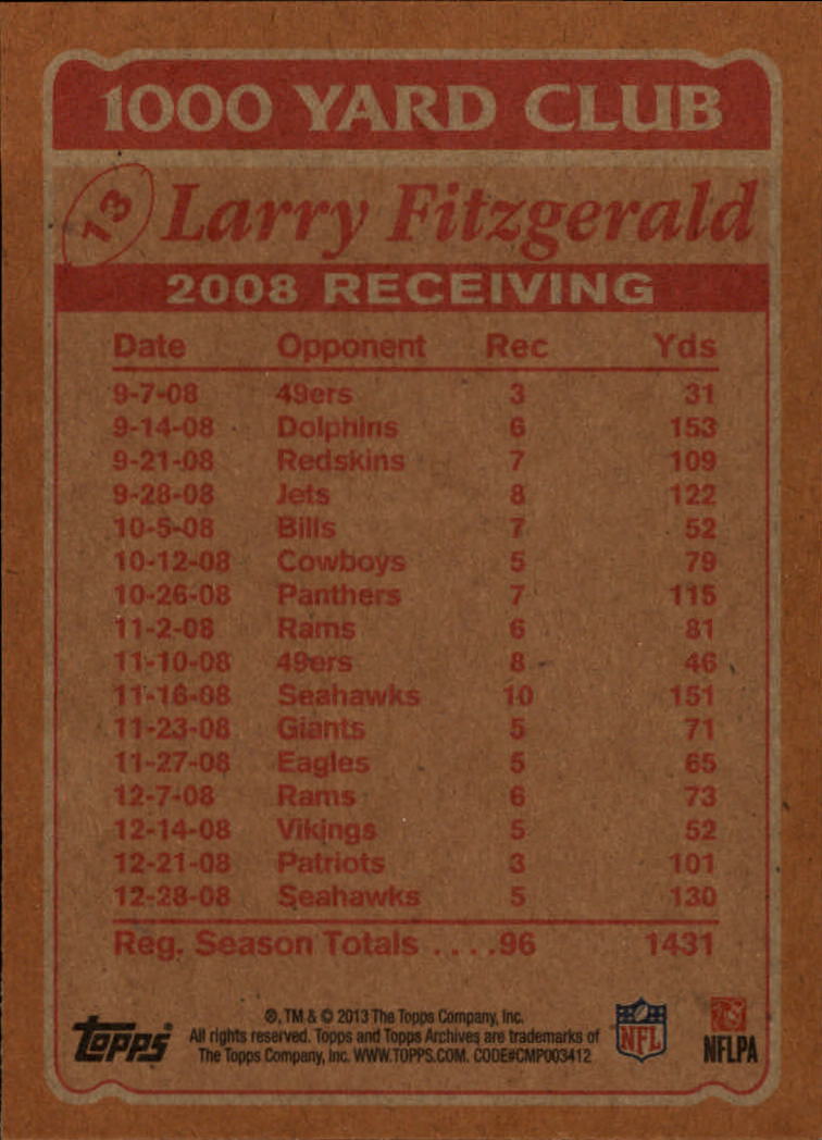 2013 Topps Archives 1000 Yard Club #13 Larry Fitzgerald back image
