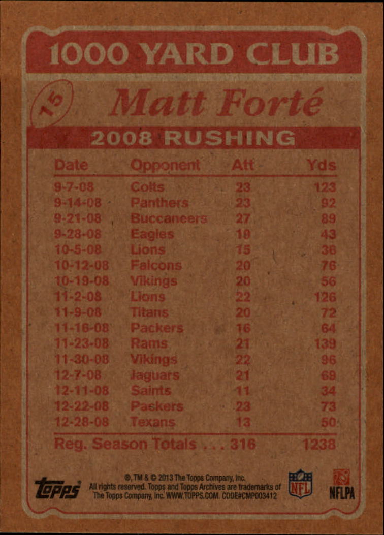 2013 Topps Archives 1000 Yard Club #15 Matt Forte back image