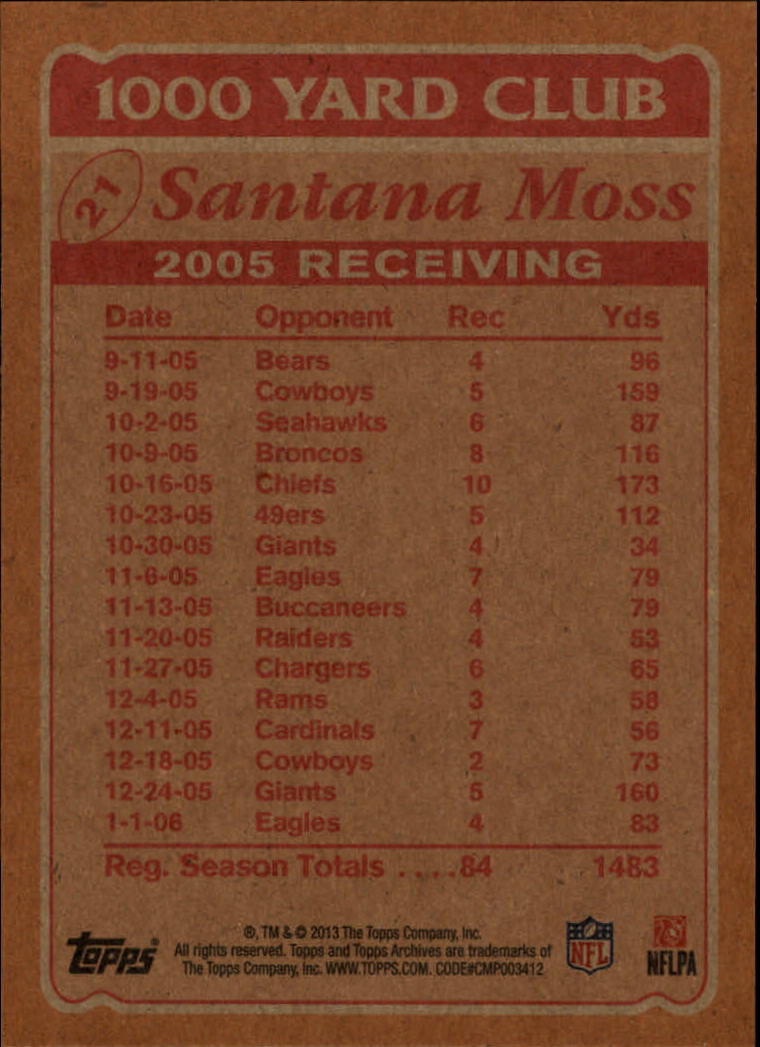 2013 Topps Archives 1000 Yard Club #21 Santana Moss back image