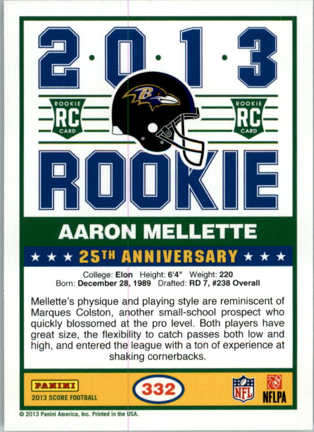 2013 Score #332 Aaron Mellette RC back image
