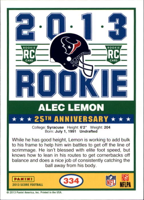 2013 Score #334 Alec Lemon RC back image