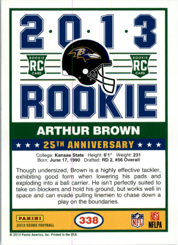 2013 Score #338 Arthur Brown RC back image