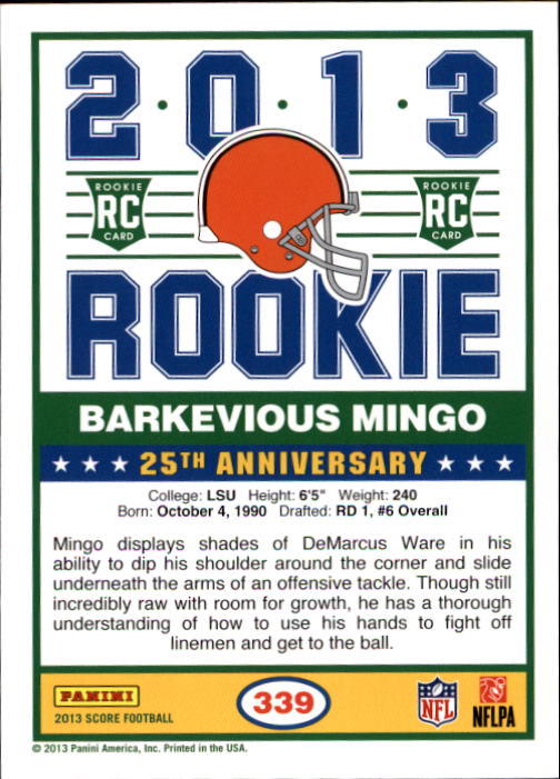 2013 Score #339 Barkevious Mingo RC back image