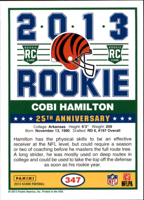 2013 Score #347 Cobi Hamilton RC back image