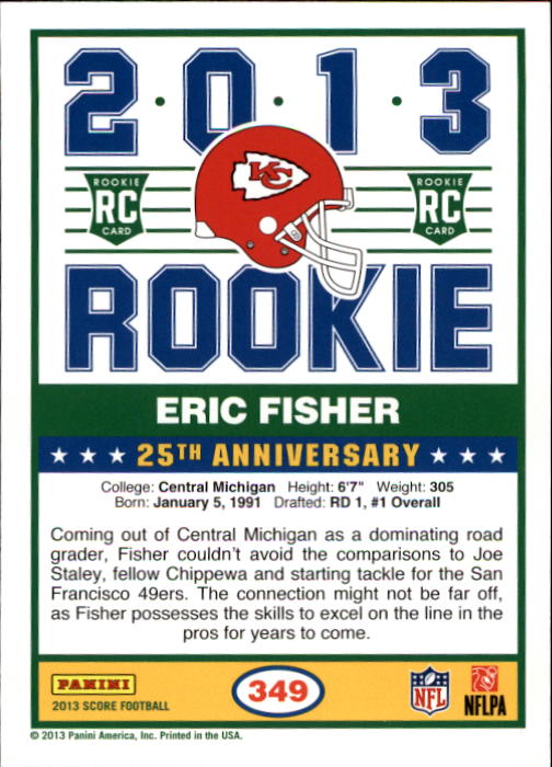 2013 Score #349 Eric Fisher RC back image