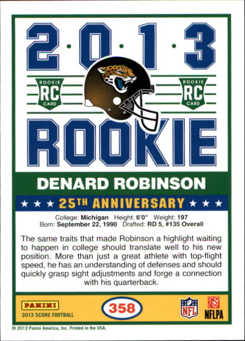 2013 Score #358 Denard Robinson RC back image