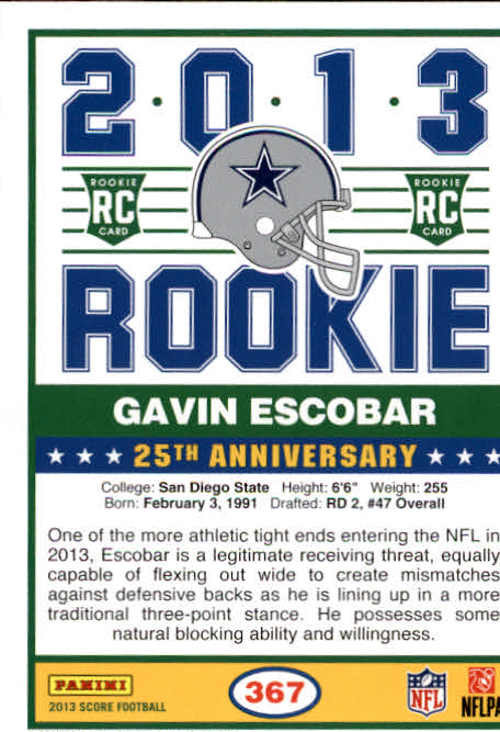2013 Score #367 Gavin Escobar RC back image