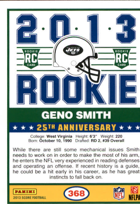 2013 Score #368 Geno Smith RC back image