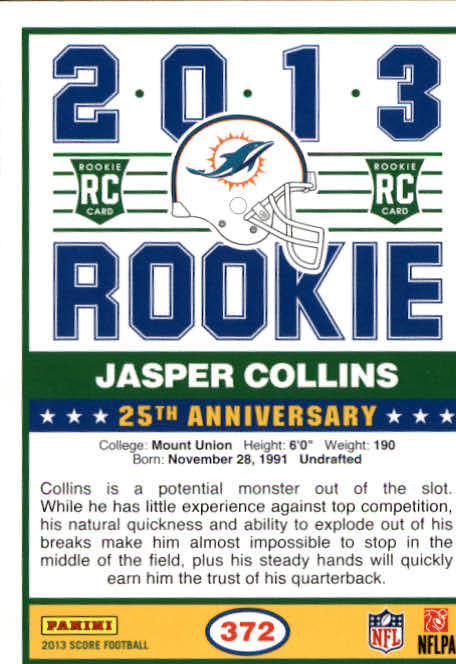 2013 Score #372 Jasper Collins RC back image