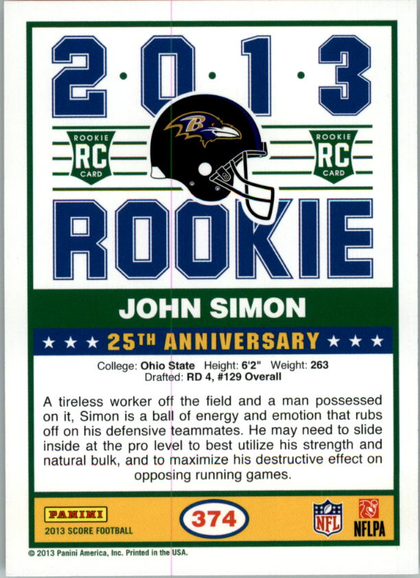 2013 Score #374 John Simon RC back image