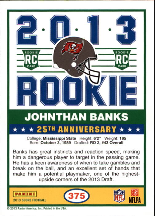 2013 Score #375 Johnthan Banks RC back image
