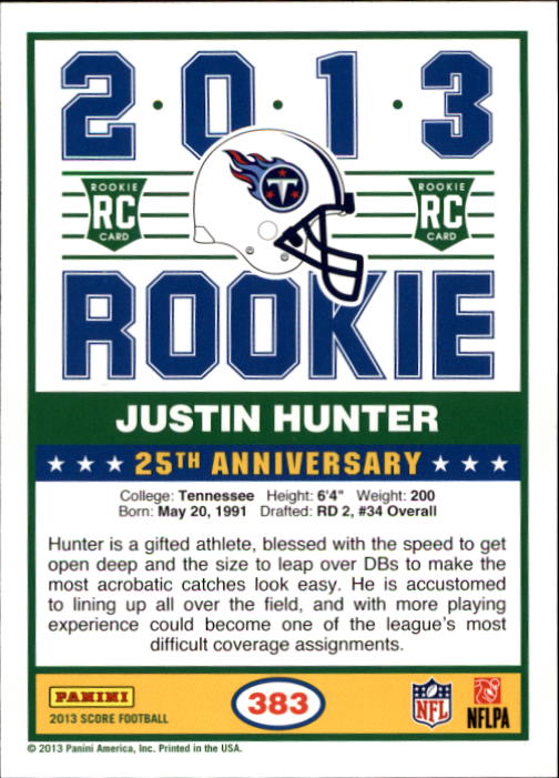 2013 Score #383 Justin Hunter RC back image