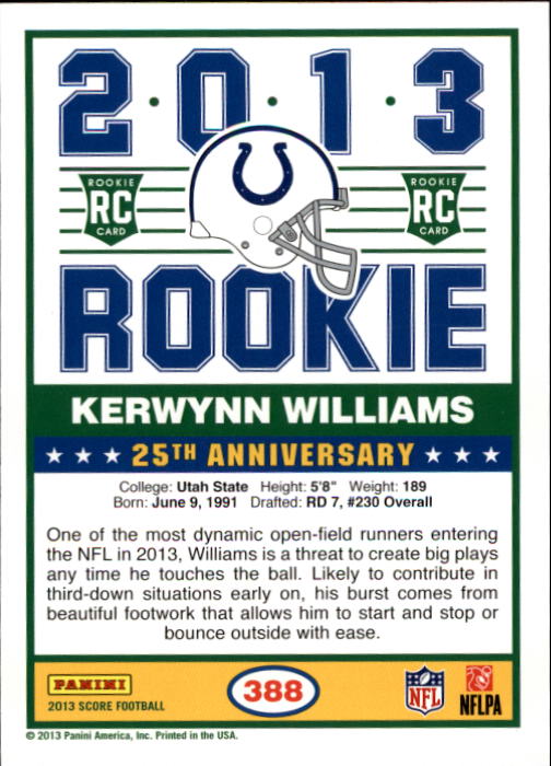 2013 Score #388 Kerwynn Williams RC back image