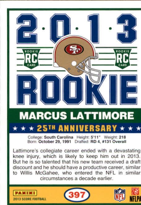 2013 Score #397 Marcus Lattimore RC back image