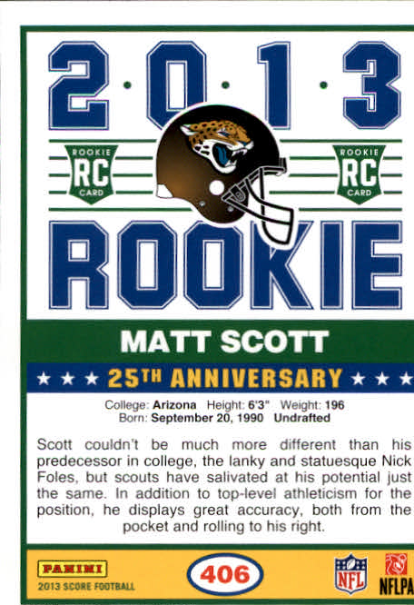 2013 Score #406 Matt Scott RC back image
