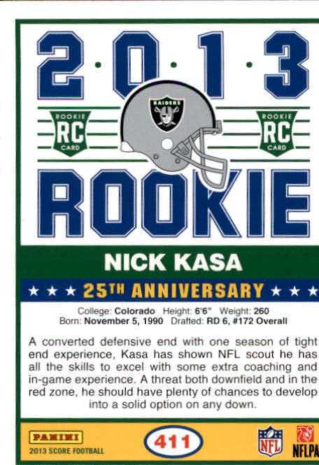 2013 Score #411 Nick Kasa RC back image