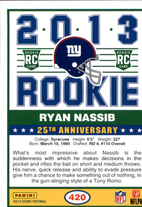 2013 Score #420 Ryan Nassib RC back image