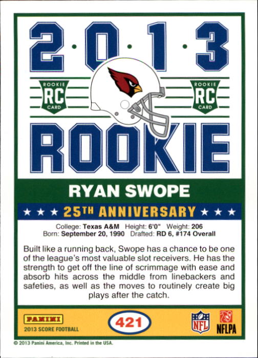 2013 Score #421 Ryan Swope RC back image