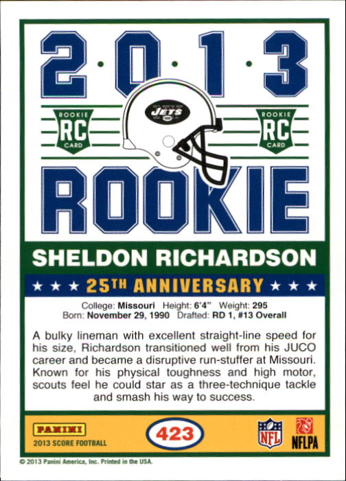 2013 Score #423 Sheldon Richardson RC back image